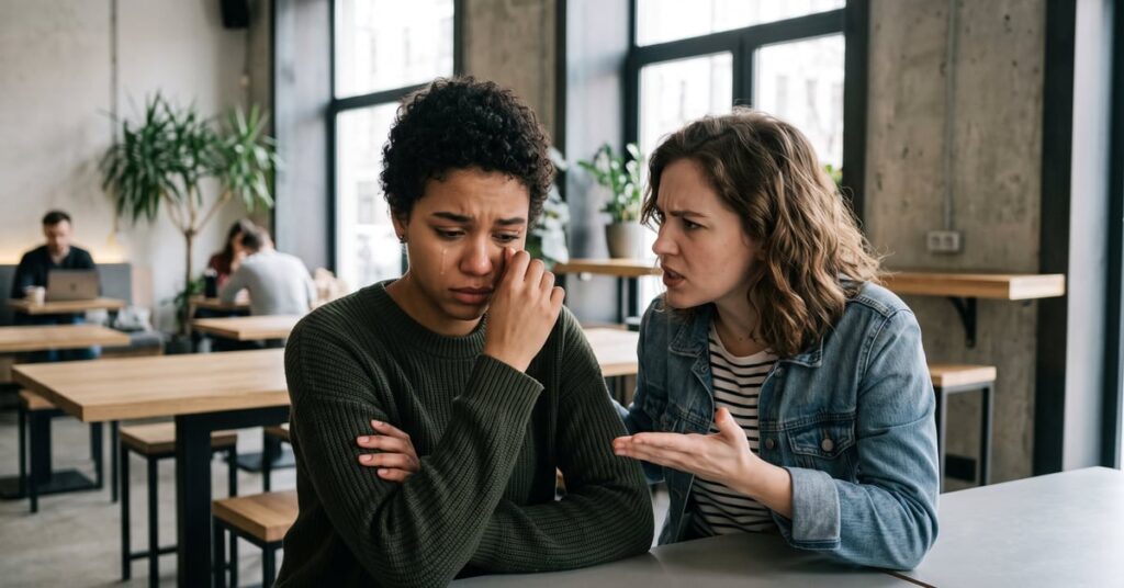 Deux femmes assises côte à côte, regard détourné, tension palpable illustrant une amitié toxique