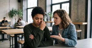 Deux femmes assises côte à côte, regard détourné, tension palpable illustrant une amitié toxique