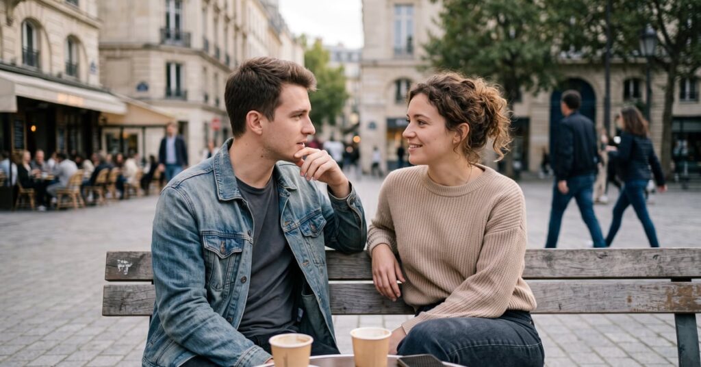 Amour ou amitié : deux personnes proches face à face, regard complice et hésitant