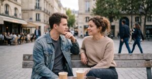 Amour ou amitié : deux personnes proches face à face, regard complice et hésitant