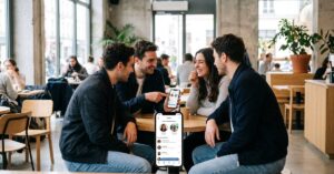 Personne utilisant une appli pour se faire des amis sur smartphone dans un cadre moderne et lumineux