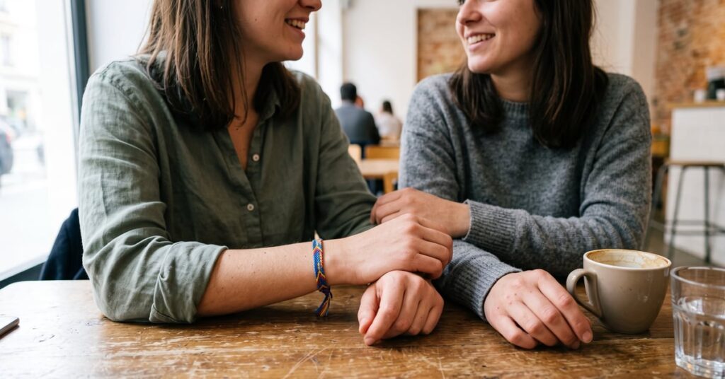 Bracelet femme amitié délicat posé sur un poignet, symbole de lien et de complicité féminine