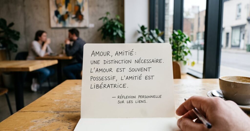Deux amis souriants partageant un moment complice, illustrant l'amour et l'amitié en citations