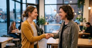 Deux adultes qui se rencontrent et partagent un moment de connexion sincère, symbolisant une nouvelle amitié