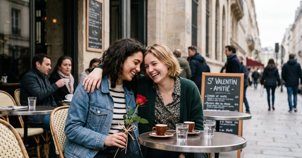 Amis célébrant la Saint-Valentin ensemble autour d'une table avec des décorations festives