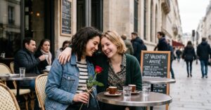 Amis célébrant la Saint-Valentin ensemble autour d'une table avec des décorations festives