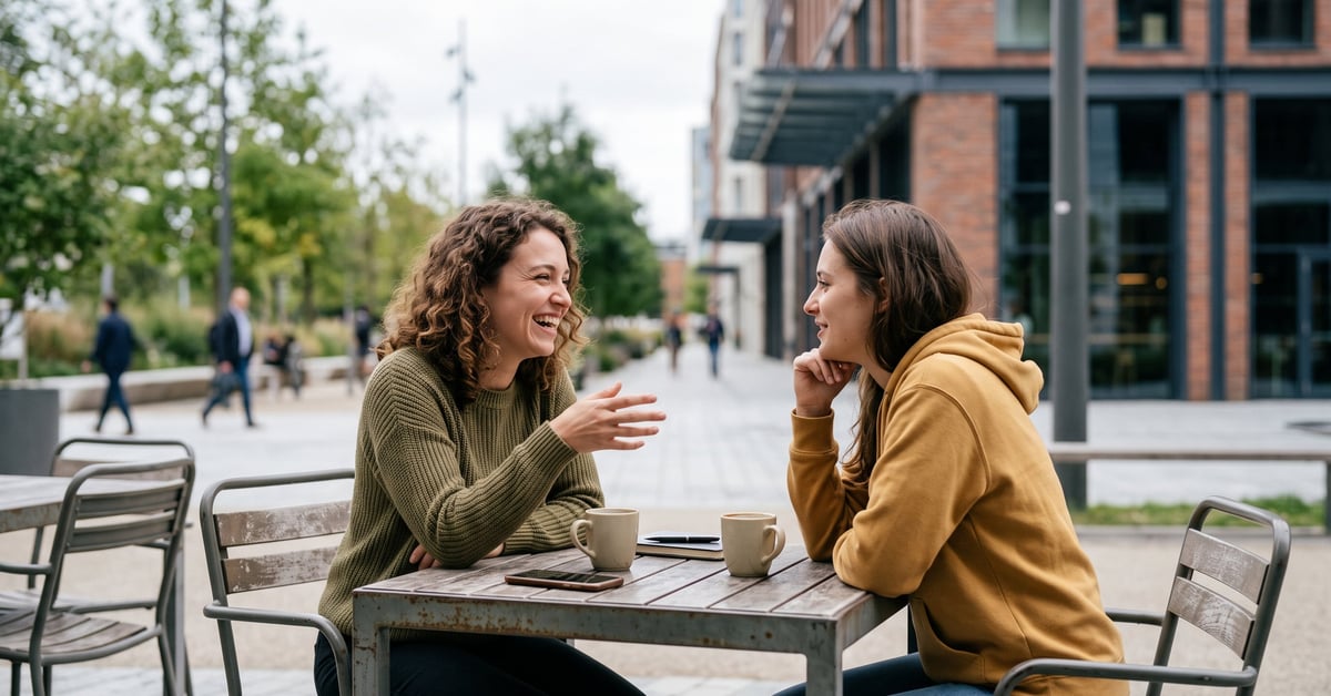 Tchat amitié : deux personnes souriantes connectées en ligne, partageant un moment chaleureux d'amitié virtuelle