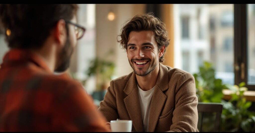 Se faire des amis à Paris : deux personnes qui se rencontrent et discutent dans un café parisien