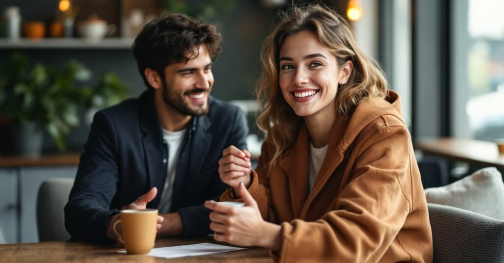 Groupe de personnes souriantes qui se rencontrent et se lient d'amitié dans une nouvelle ville