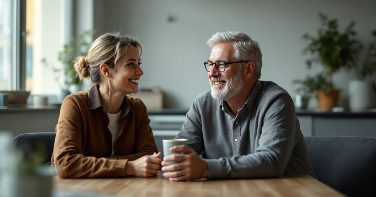 Deux amis souriants partageant un moment complice, illustrant la relation amicale et ses synonymes