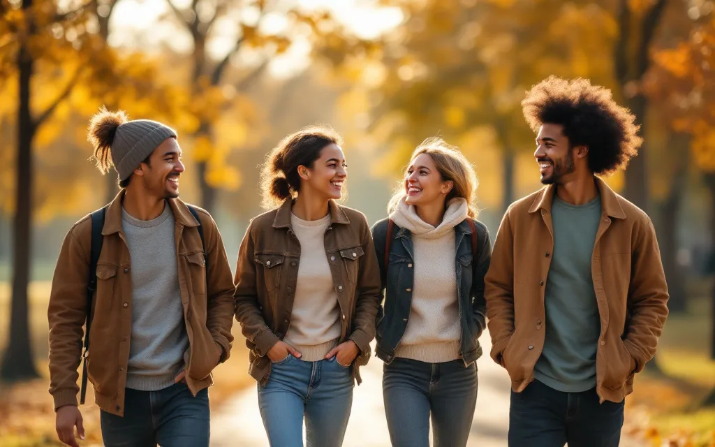 Groupe d'amis marchant et riant ensemble dans un parc en automne